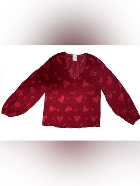 Red Heart Print Puff Red Satin Dress with Billowed Sleeves Sz S
